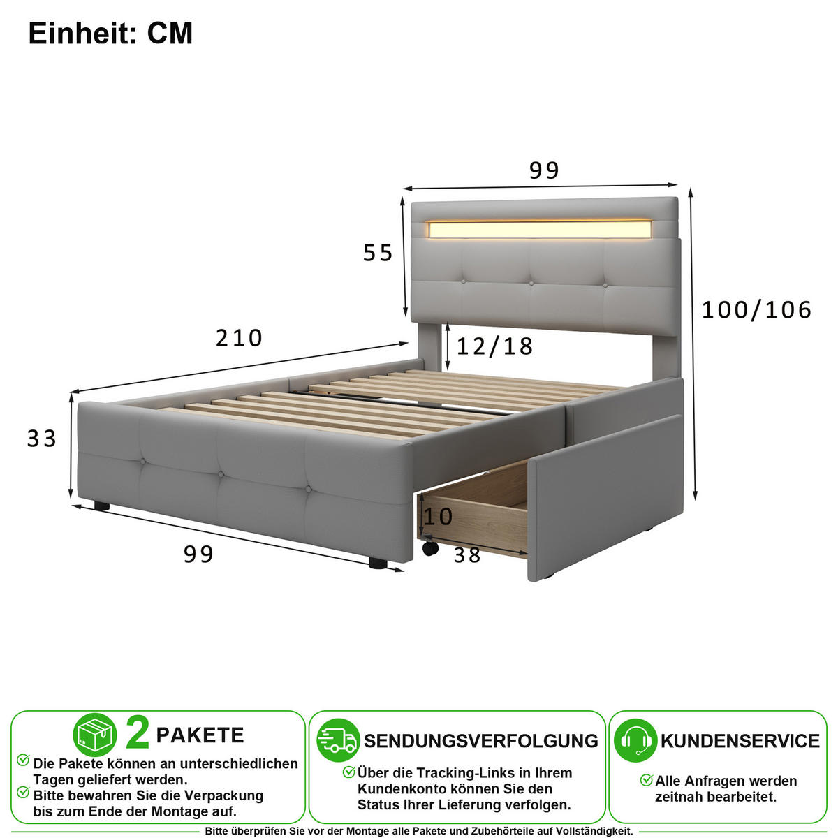 POLSTERBETT 90/200 cm in Grau mit 2 Schubladen und LED Stoff - Grau, Holzwerkstoff/Textil (90/200cm) - CHICFURN