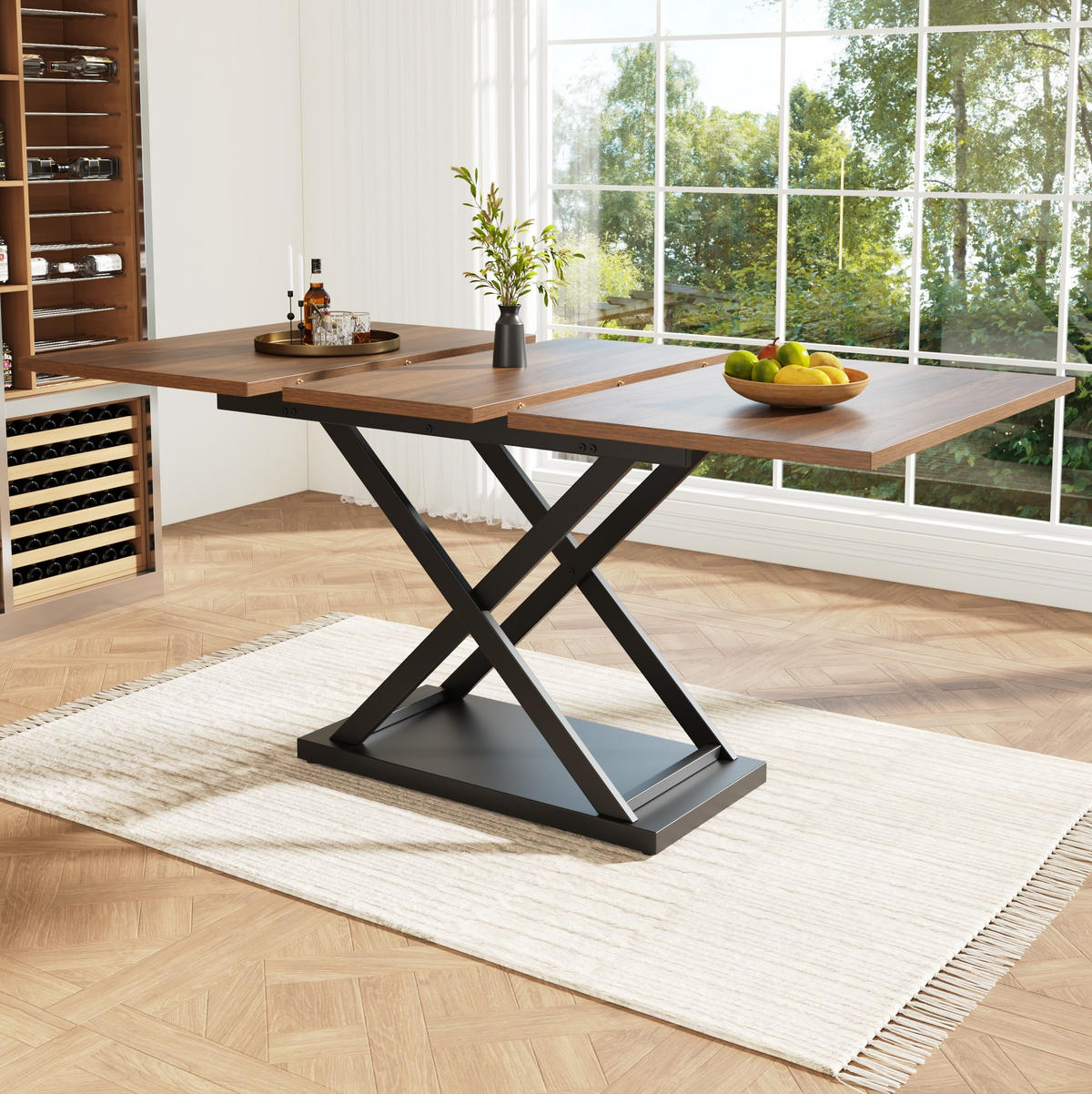 ROZKLÁDACÍ jídelní stůl 120-160/80/75 cm s teleskopickým rozkladem, křížovými kovovými nohami a odolnou deskou, Ořechová/černá - barva vlašského ořechu, kompozitní dřevo (120/80/75cm) - Redom