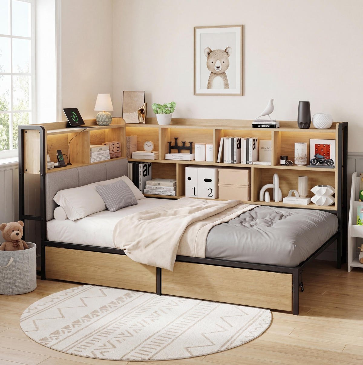 JUGENDBETT 90/200 cm aus MDF und Metall mit LED-Beleuchtung, USB- und Type-C-Anschluss, Stauraum und 2 Schubladen, Natur/Grau - Naturfarben, Holzwerkstoff (90/200cm) - Redom