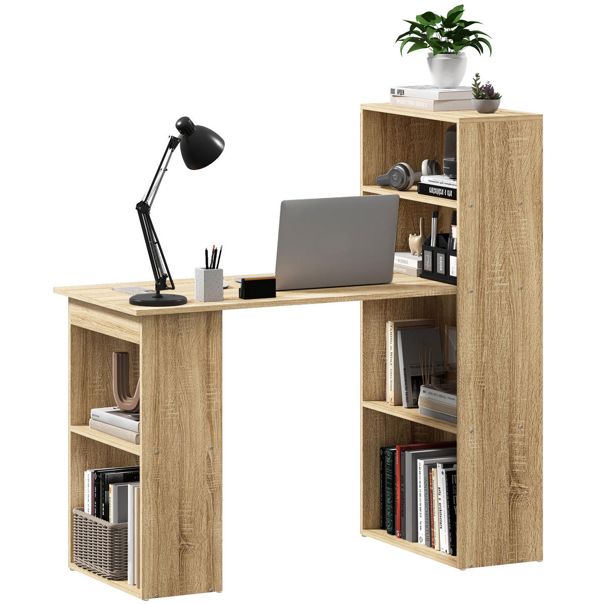 SCHREIBTISCH Eicheoptik und Weiß mit integriertem Regal 120/55/120 cm - Eichefarben, Holz (55/120/120cm) - PANGIVO