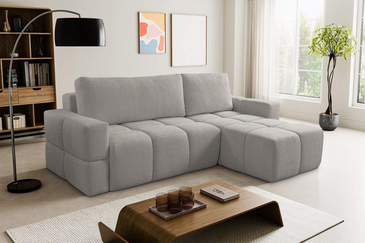 ECKSOFA LUSSO mit Schlaffunktion und Bettkasten, Farbe: Grau, Bouclé-Stoff, Ottomane Universal - Grau, Textil (255/165cm)