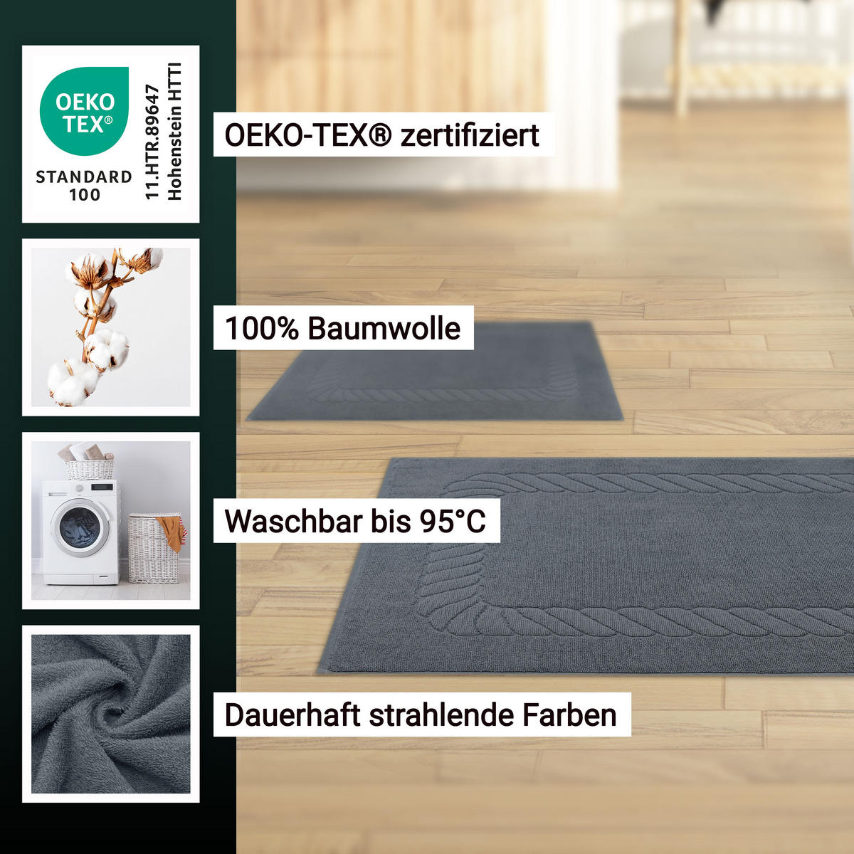 BADEMATTE, 2er-Set, 50x70 cm, 100% Baumwolle, Grau - Grau, Textil (50/70cm) - Zollner