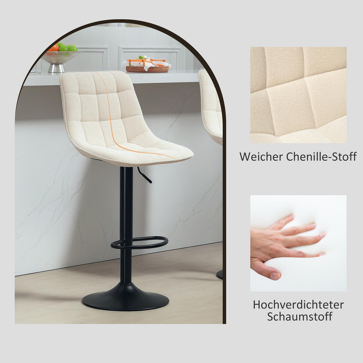BARHOCKER 2er-Set, Gepolstert Barstuhl mit Lehne, Chenille-Optik Beige - Beige/Schwarz, Kunststoff/Textil (47/117/53cm) - HOMCOM