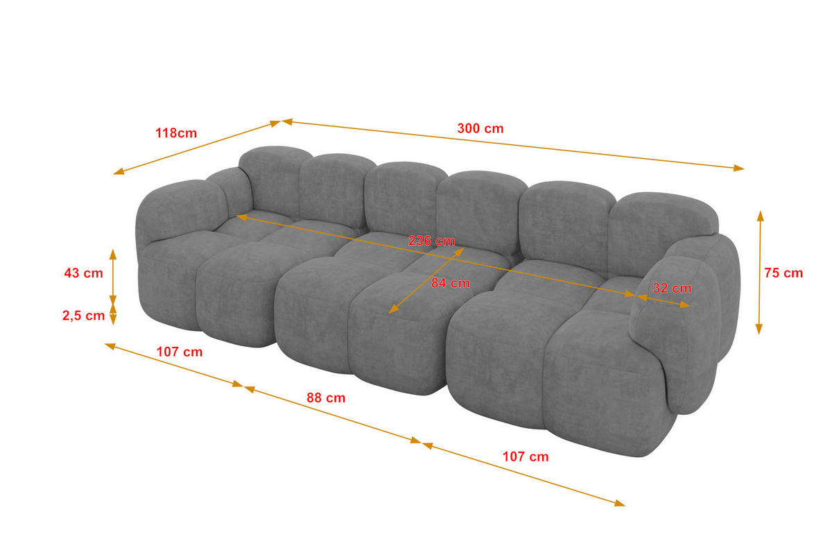 3-SITZER modulares Sofa Miko-S2 300x118x75 cm Grau Velours - Schwarz/Grau, Holzwerkstoff/Kunststoff (300/75/118cm) - ALTDECOR