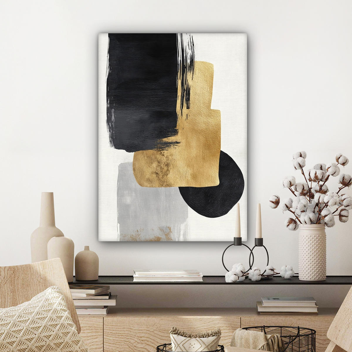 LEINWANDBILD Gold - Rechtecke - Kreise - Abstrakt Wandbild Wohnzimmer 60x80 cm - Weiß, Textil (60/80cm) - MuchoWow