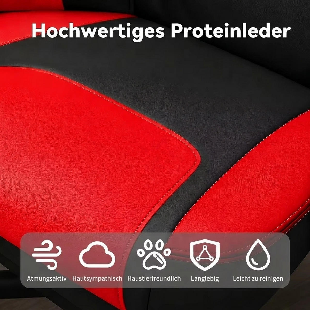 GAMING-STUHL schwarz-rot ergonomisch mit ausziehbarer Fußstütze, Nacken- und Lendenkissen, höhenverstellbar - Rot, Leder (54/116/61cm) - BRILVERDE