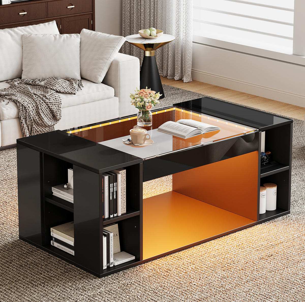 COUCHTISCH 100/50/40 cm mit LED-Beleuchtung, offener Ablage und Glasplatte, Schwarz - Schwarz, Holzwerkstoff (100/50/40cm) - Redom