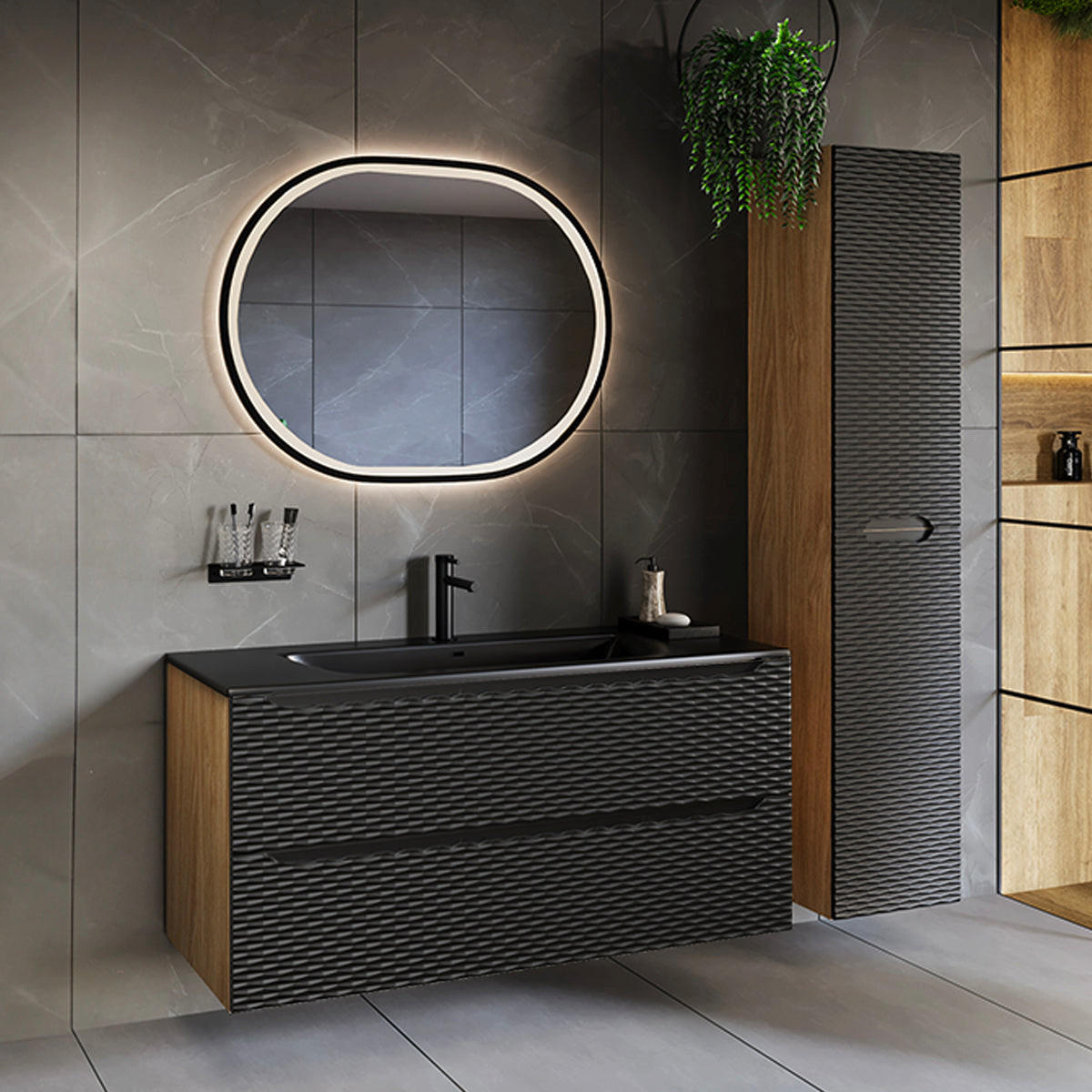 BADMÖBEL 120cm Elora 2er-Set Schwarz und Holz - Schwarz, Holzwerkstoff (120/57/46cm) - Petits-meubles