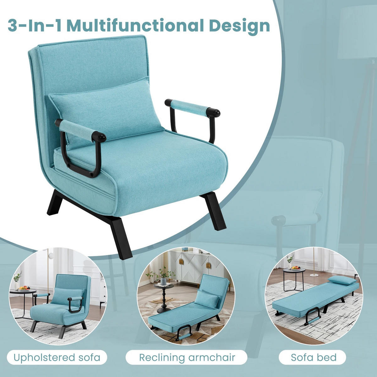 SCHLAFSOFA 3-in-1 Klappsofa Blau, 1 Stück, mit Kissen - Blau, Textil (65/75/78cm) - Kaket
