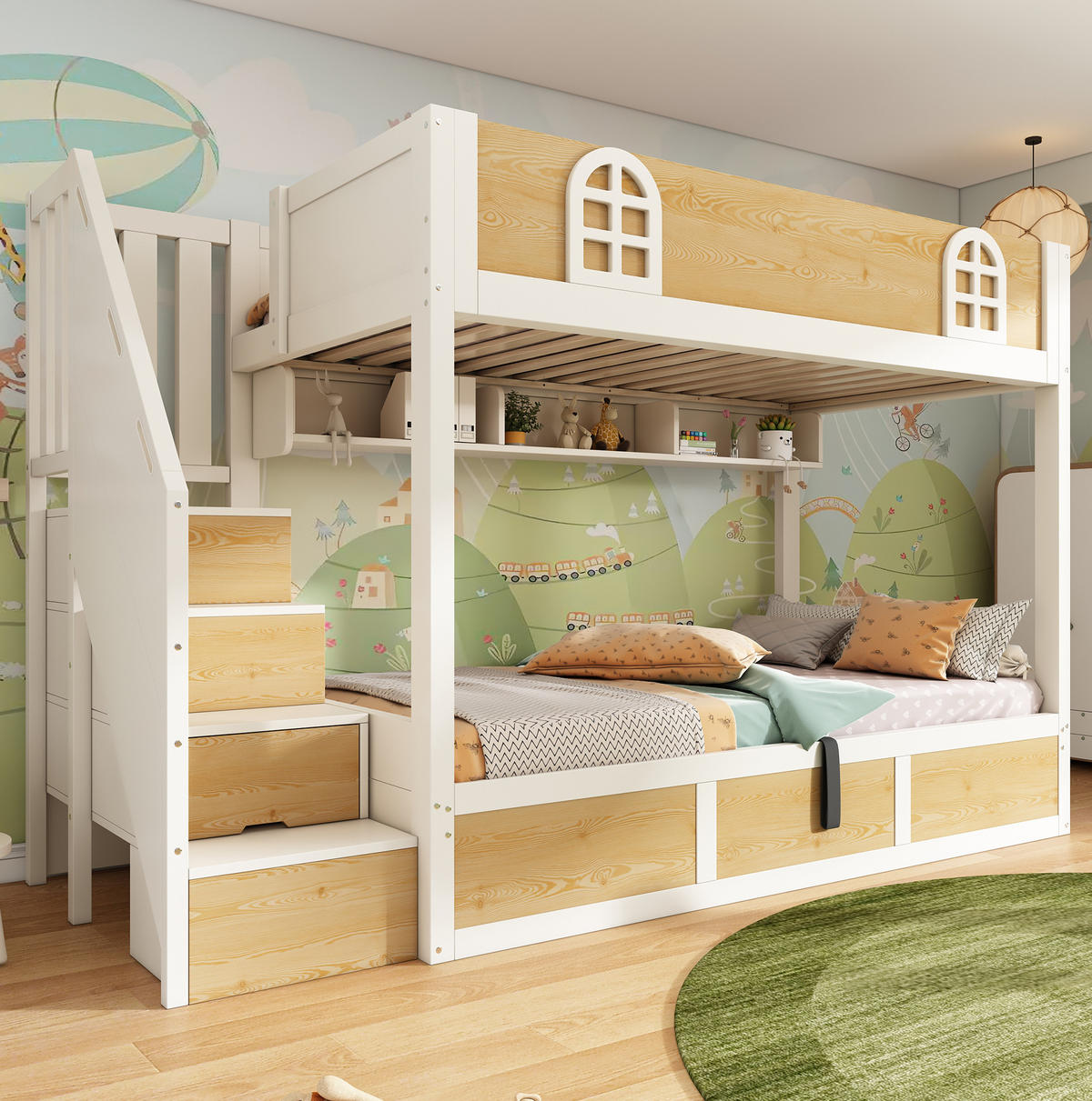 ETAGENBETT aus Holz und Metall 90x200 cm Weiß/Natur mit Treppenschrank, Bettkasten und Sicherheitsgeländer - Naturfarben, Holzwerkstoff (90/200cm) - Modfu