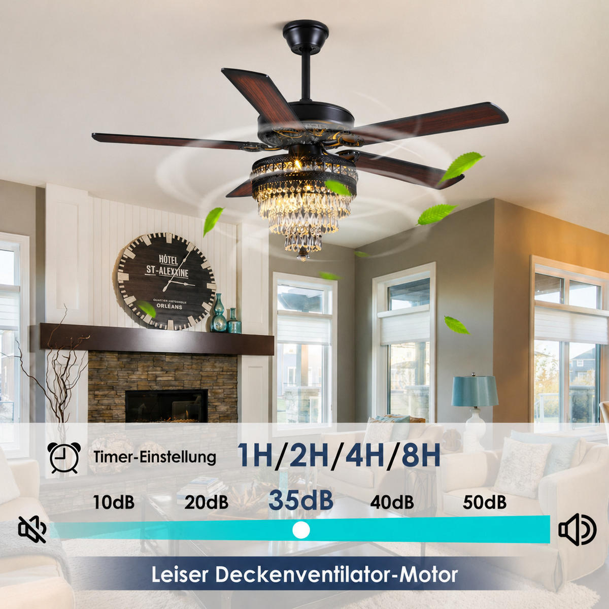 DECKENVENTILATOR Schwarz 132 cm mit Kristallleuchte und Fernbedienung - Schwarz, Metall (132.1/132.1/59.9cm) - Surtime