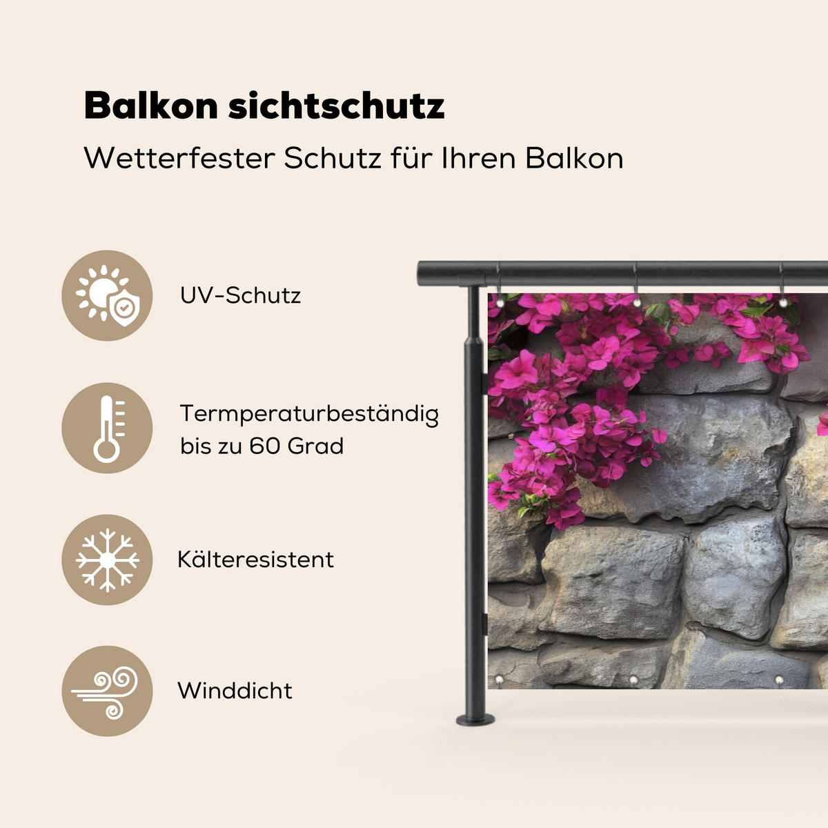 BALKON-SICHTSCHUTZ Bougainvillea - Steinmauer - Rosa - Magenta, Kunststoff (300/130cm) - MuchoWow