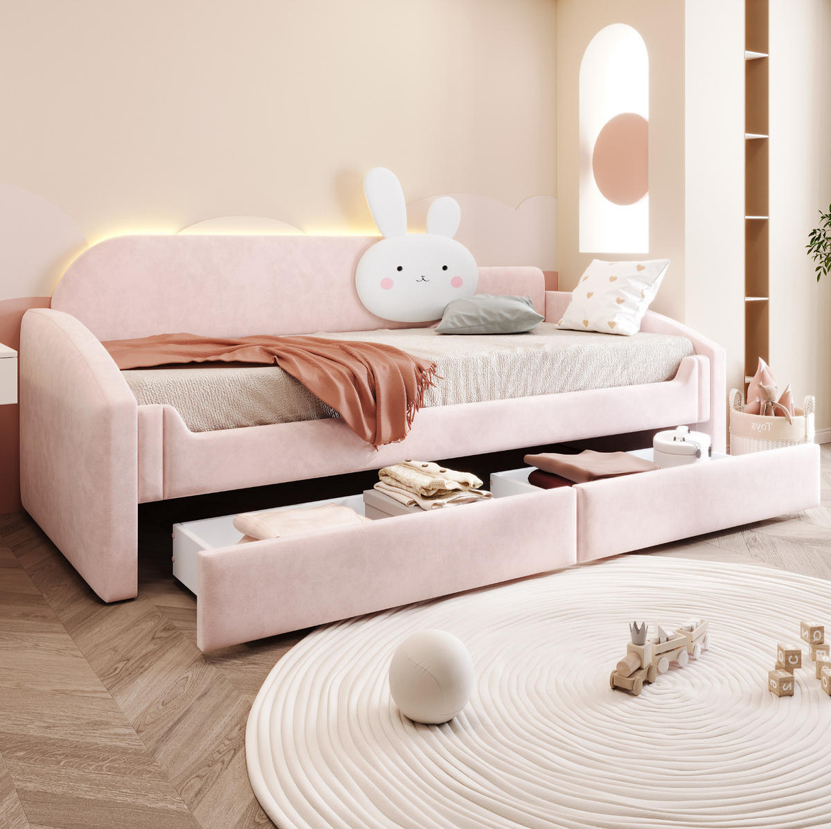 POLSTERBETT Kinderbett 90/200 cm Rosa mit LED und Stauraum - Rosa, Textil (90/200cm) - MIVRAY