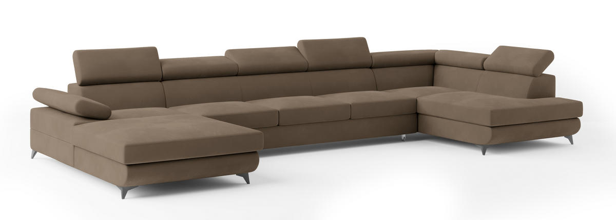 WOHNLANDSCHAFT MONTIVA Beige Velours-Stoff mit Schlaffunktion - Beige, Holz (410/89/190cm) - MASSENO