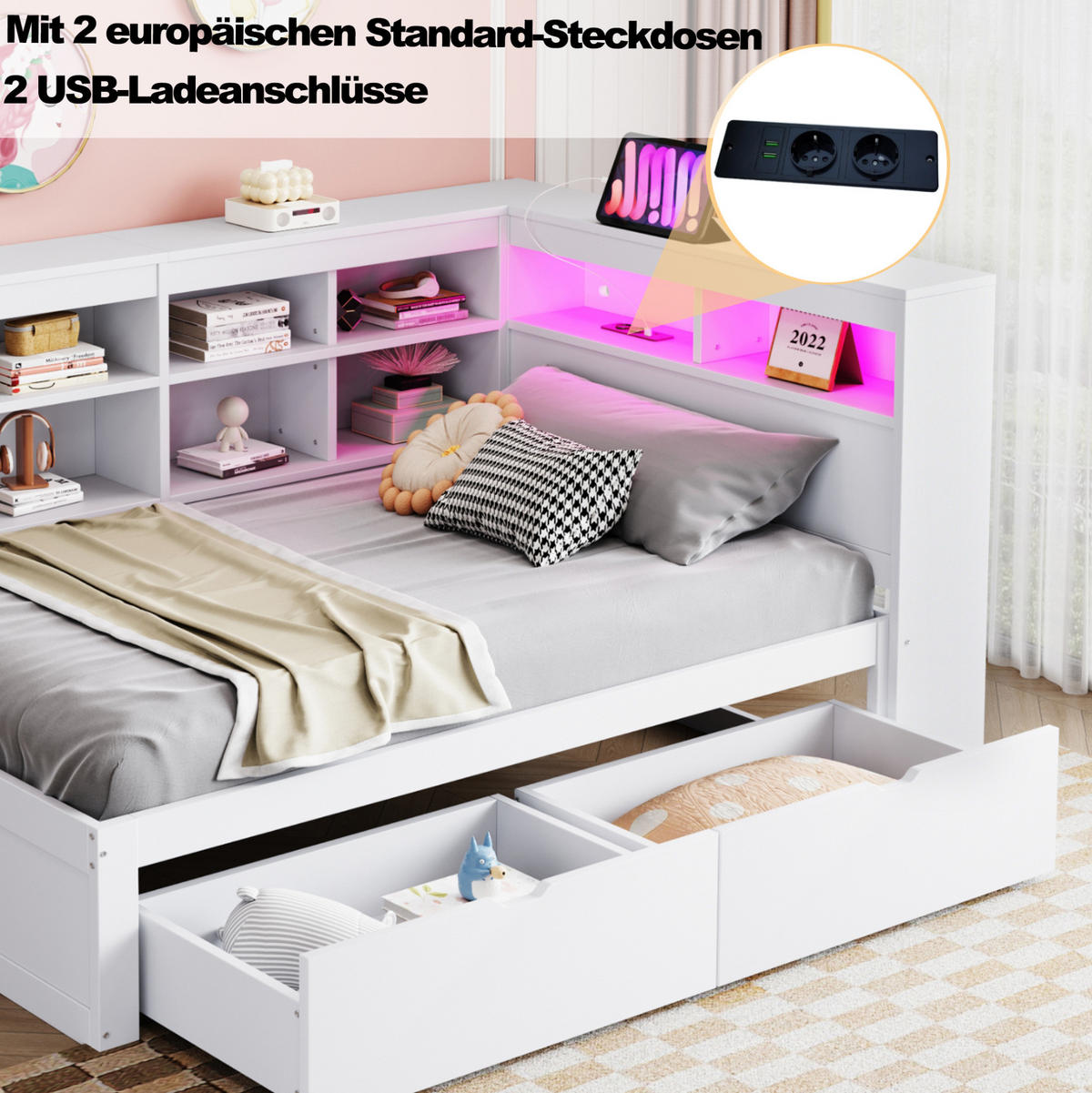 BETT 90/200 cm Weiß aus Holz mit Stauraum, USB und LED - Weiß, Holzwerkstoff (90/200cm) - OKMYHOME