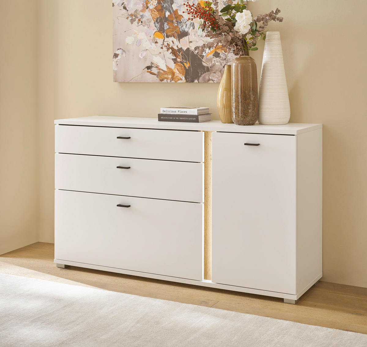SIDEBOARD weiß matt, Eiche Wotan 150 cm, Kommode inklusive Frontbeleuchtung - Silberfarben/Eiche Wotan, Holzwerkstoff/Kunststoff (150/86/42cm) - Furn.Design
