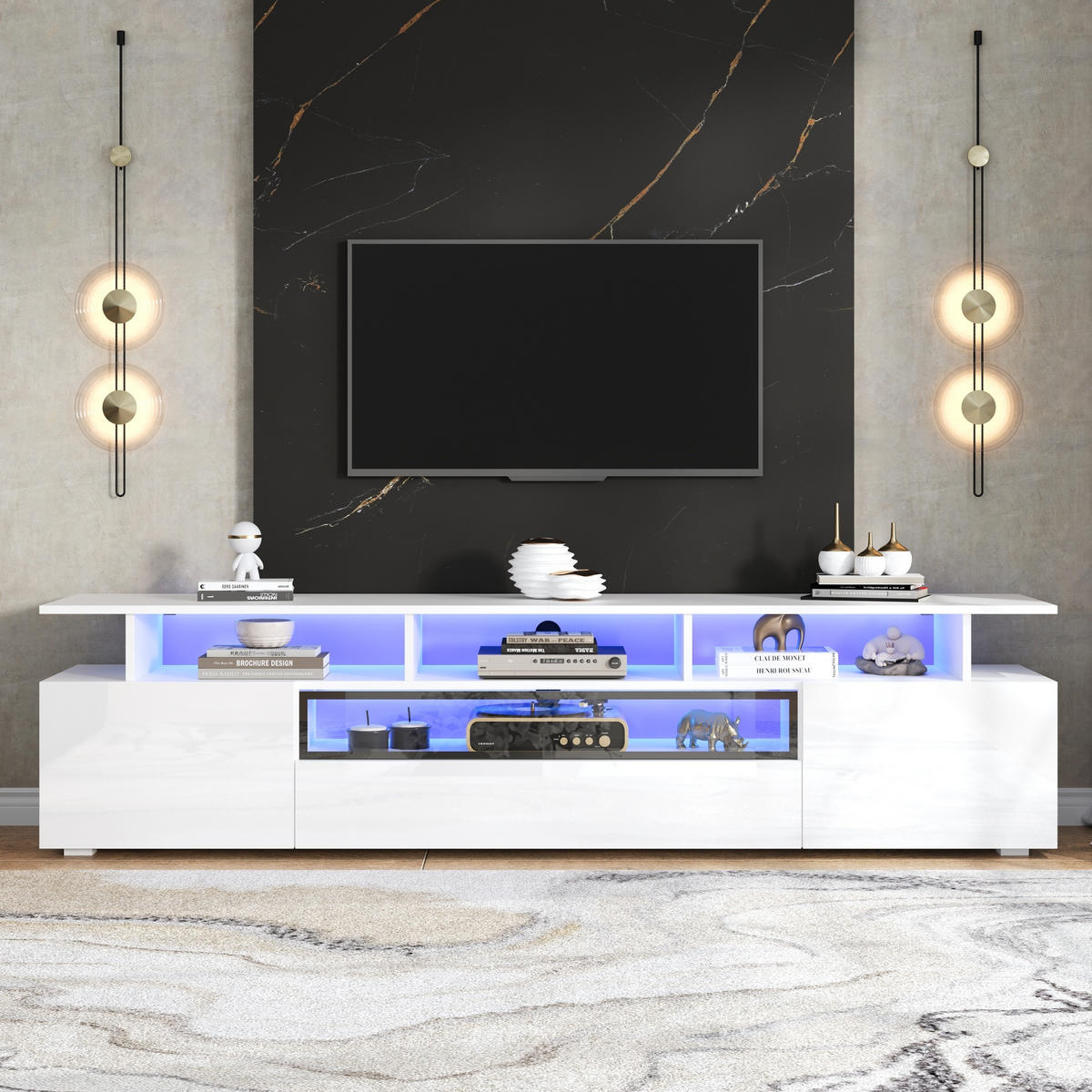 TV-SCHRANK 180/38/45 cm Weiß Hochglanz mit LED, 1 Schublade und 2 Türen - Weiß, Holzwerkstoff (180/45/38cm) - Oxeza