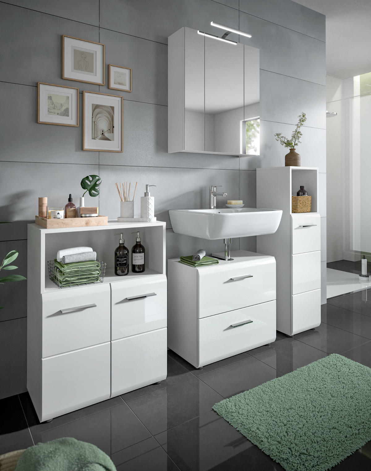 BADMÖBEL Set 4-teilig weiß Hochglanz, Badkombination 180 cm mit viel Stauraum - Weiß Hochglanz/Silberfarben, Glas/Holzwerkstoff (180/185/30cm) - Inn.Furn