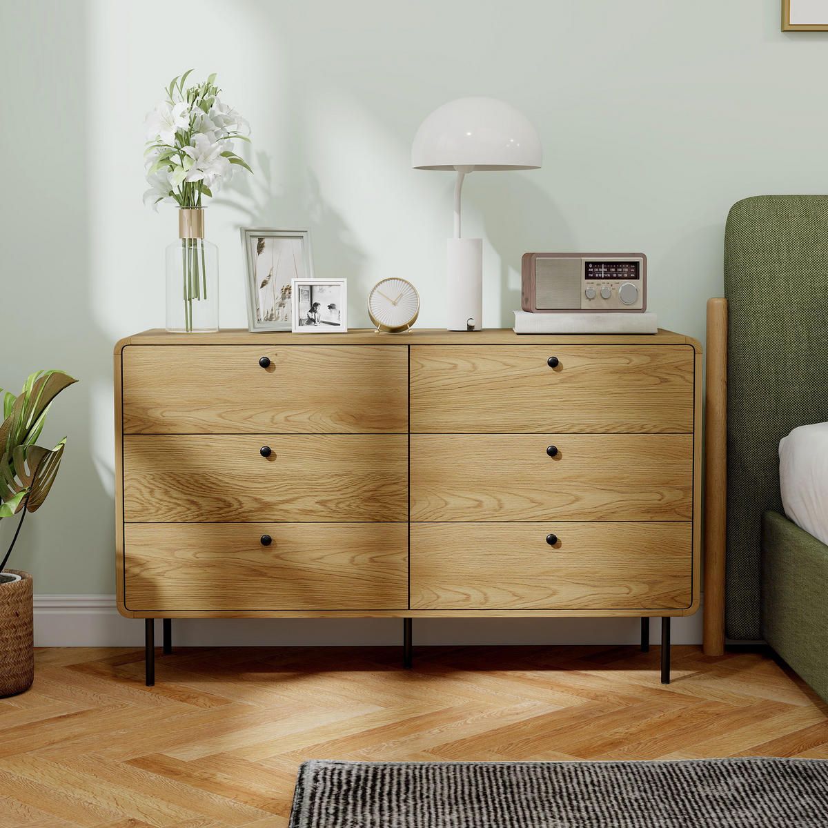 KOMOODE DE-12905 6 Schubladen, abgerundete Kanten Eiche - Eichefarben, Holzwerkstoff (120/75/40cm) - ComfortXL