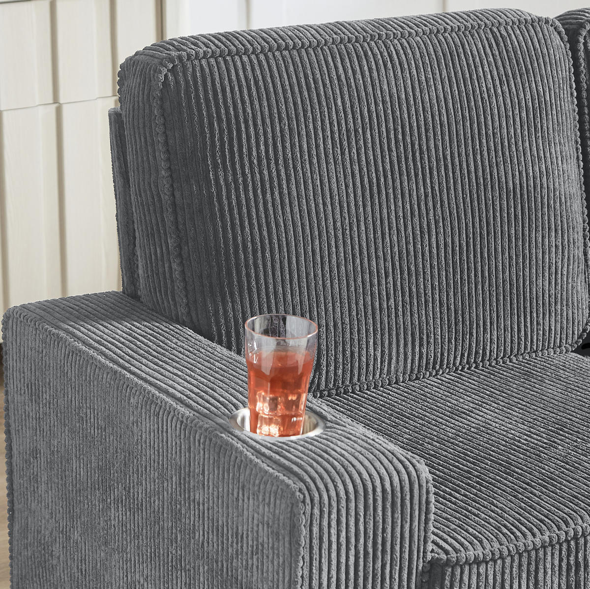 SOFA mit Getränkehaltern 206 cm Cord Grau - Grau, Holzwerkstoff (206/86/72cm) - Meubliv