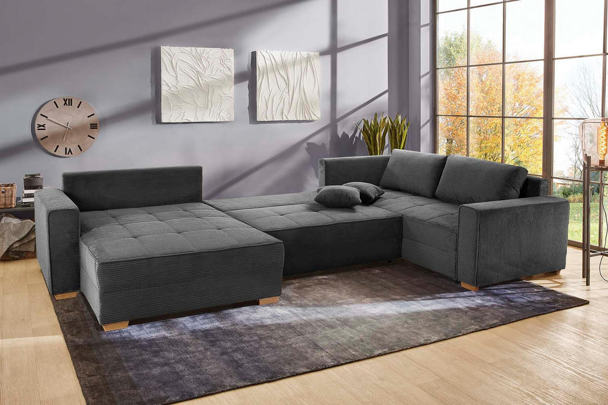 WOHNLANDSCHAFT Schlaffunktion Bettkasten Wellenunterfederung, spiegelverkehrt montierbar U-Form B379/T227/H86 cm, Cord Grau Anthrazit / 15198 - Schieferfarben/Eichefarben, Holz/Textil (379/86/227cm) - luma-home