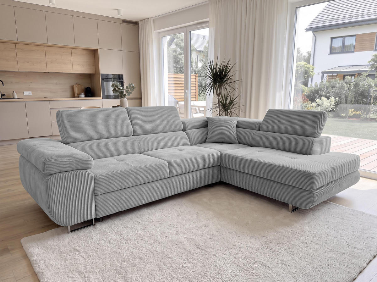 ECKSOFA L Form Konak Hellgrau 276/201/90 cm Rechts mit Schlaffunktion - Silberfarben/Hellgrau, Textil/Metall (276/203cm) - AX Living