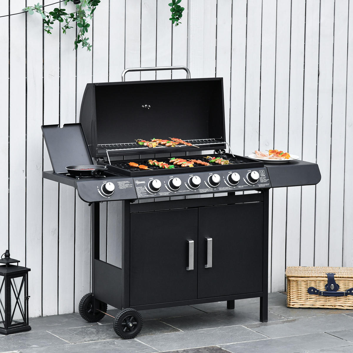 GASGRILL DE-10318 7 Brenner + Seitenbrenner Schwarz - Schwarz, Metall (50/100/135cm) - ComfortXL