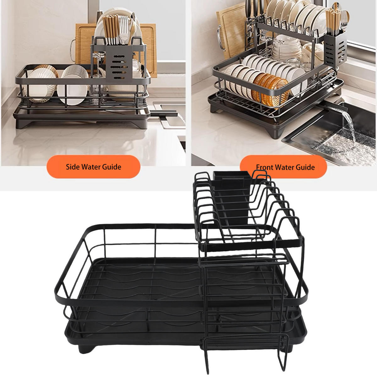 ABTROPFGESTELL 2 Etagen Edelstahl Schwarz – Großes Geschirrabtropfregal, rostfrei, multifunktionaler Küchen Organizer für Teller & Besteck - Schwarz, Metall (32/14/43cm) - Ej. Life