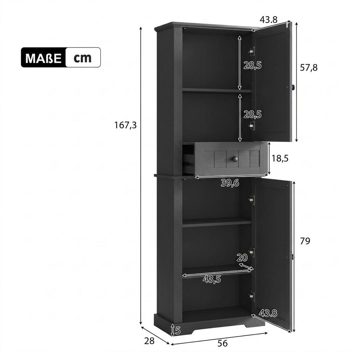HOCHSCHRANK 56/28/167.3 cm Schwarz mit 2 Schranktüren und 1 Schubladen - Schwarz, Holz/Holzwerkstoff (28/167.3/56cm) - Oxeza