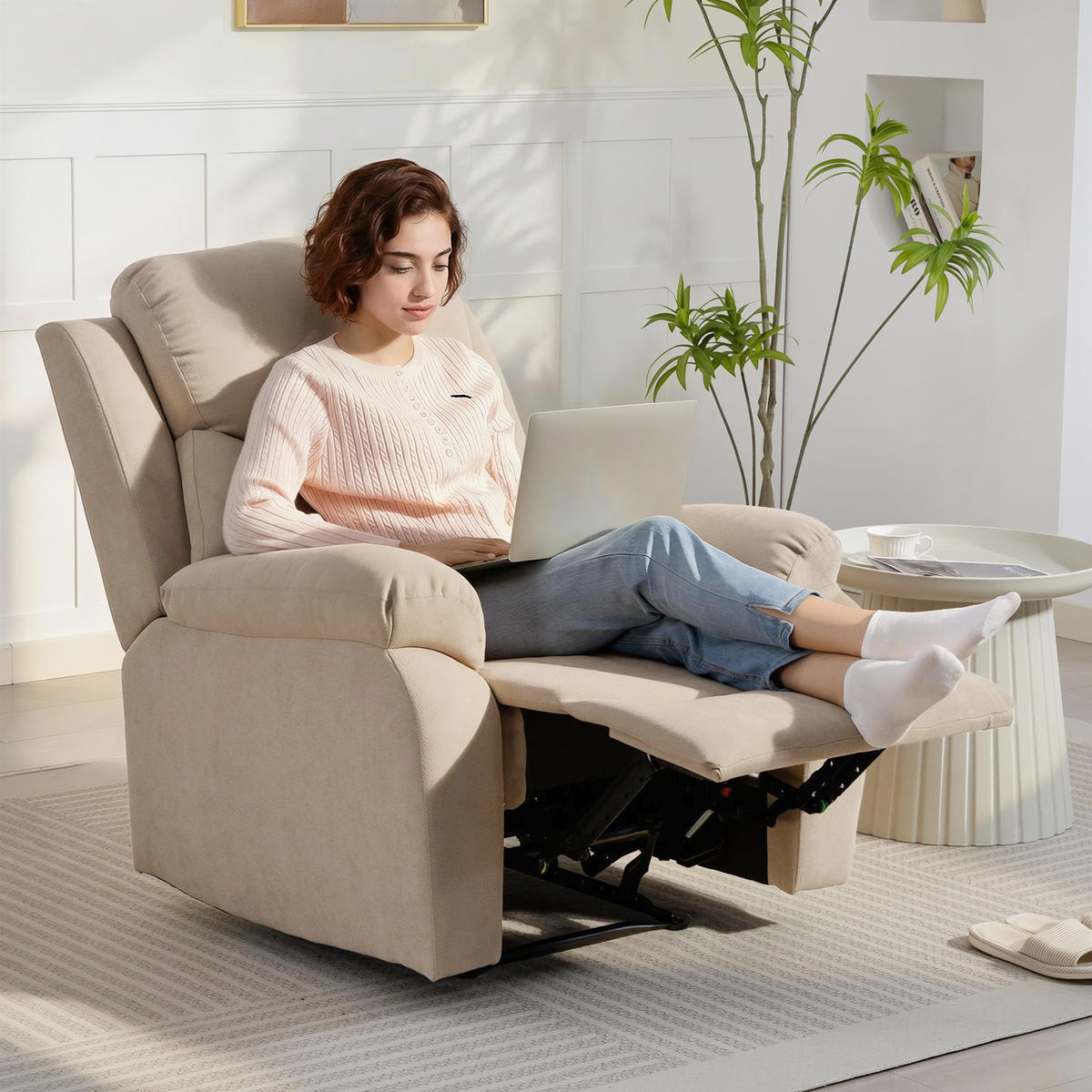 RELAXSESSEL Polyester Beige - Beige/Schwarz, Textil/Metall (85/105/93cm) - HOMCOM