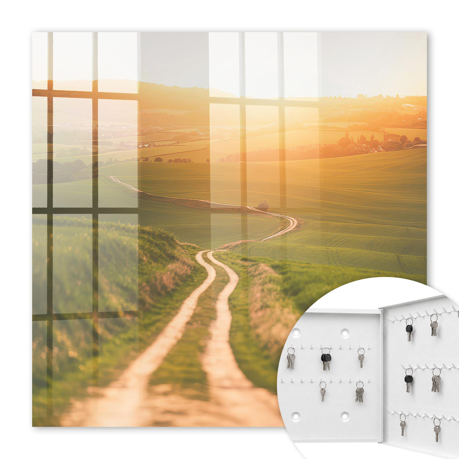 SCHLÜSSELBOX Weiß 30x30 cm – Türöffnung nach rechts - Malerische Landschaft - Grün, Metall (30/30/5cm) - TULUP