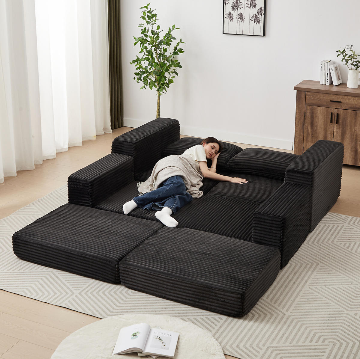 SOFA-BETT modular Cord Black mit beweglicher Fußstütze - Schwarz, Kunststoff (169.5/194cm) - Meubliv