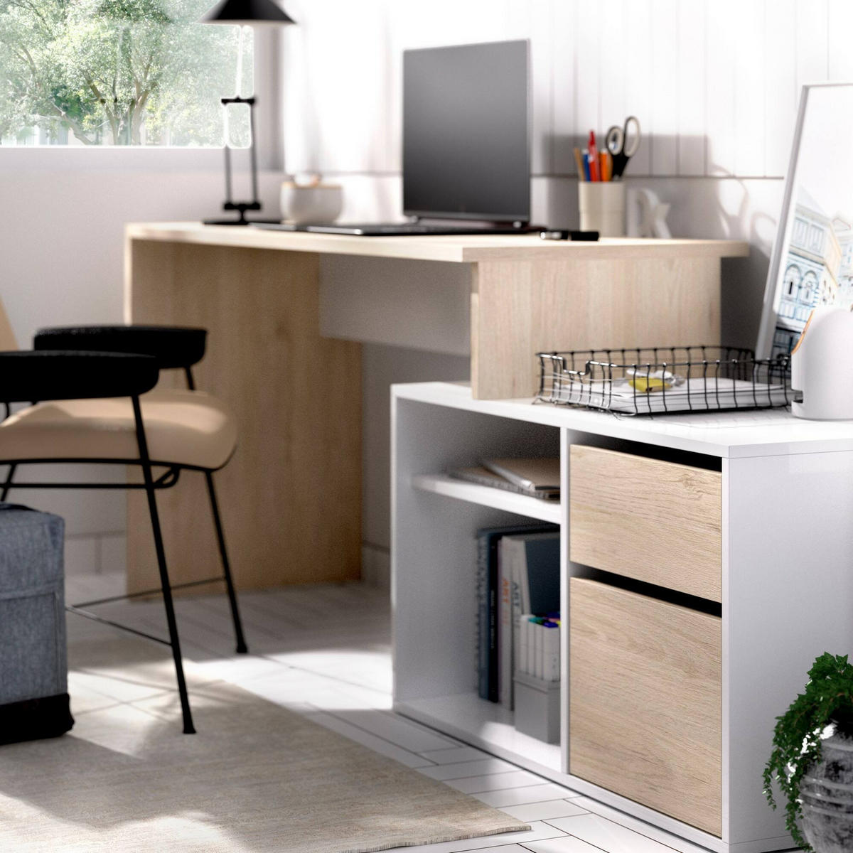 ECKSCHREIBTISCH Weiß, Eiche 92/139/75 cm - Eichefarben/Weiß, Holzwerkstoff (92/139/75cm) - DMORA