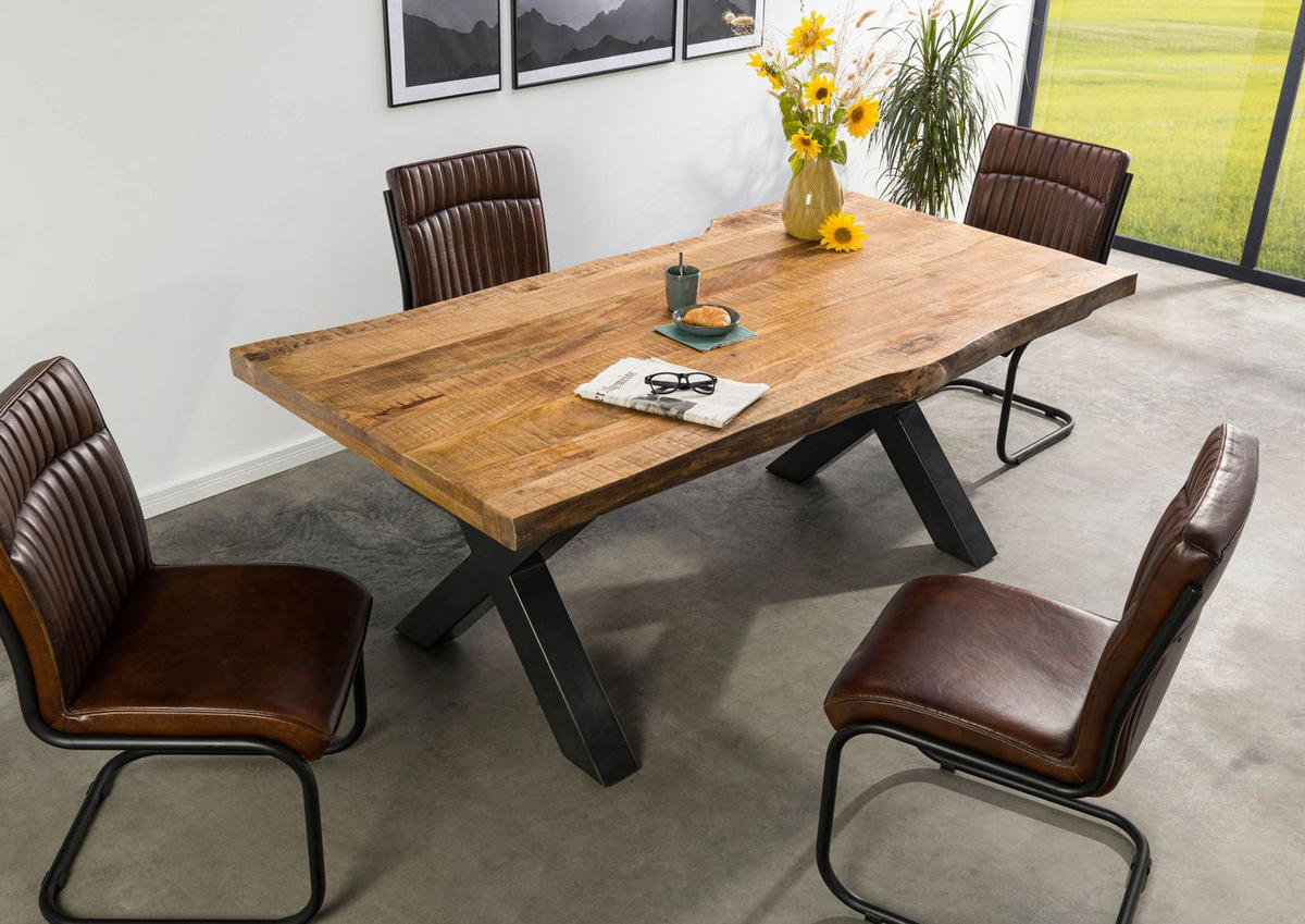 BAUMTISCH Mango 240x100x77 natur lackiert / X-Beine anthrazit glänzend FREEFORM 5 - Braun, Holz (100/240/77cm) - Massivmoebel24