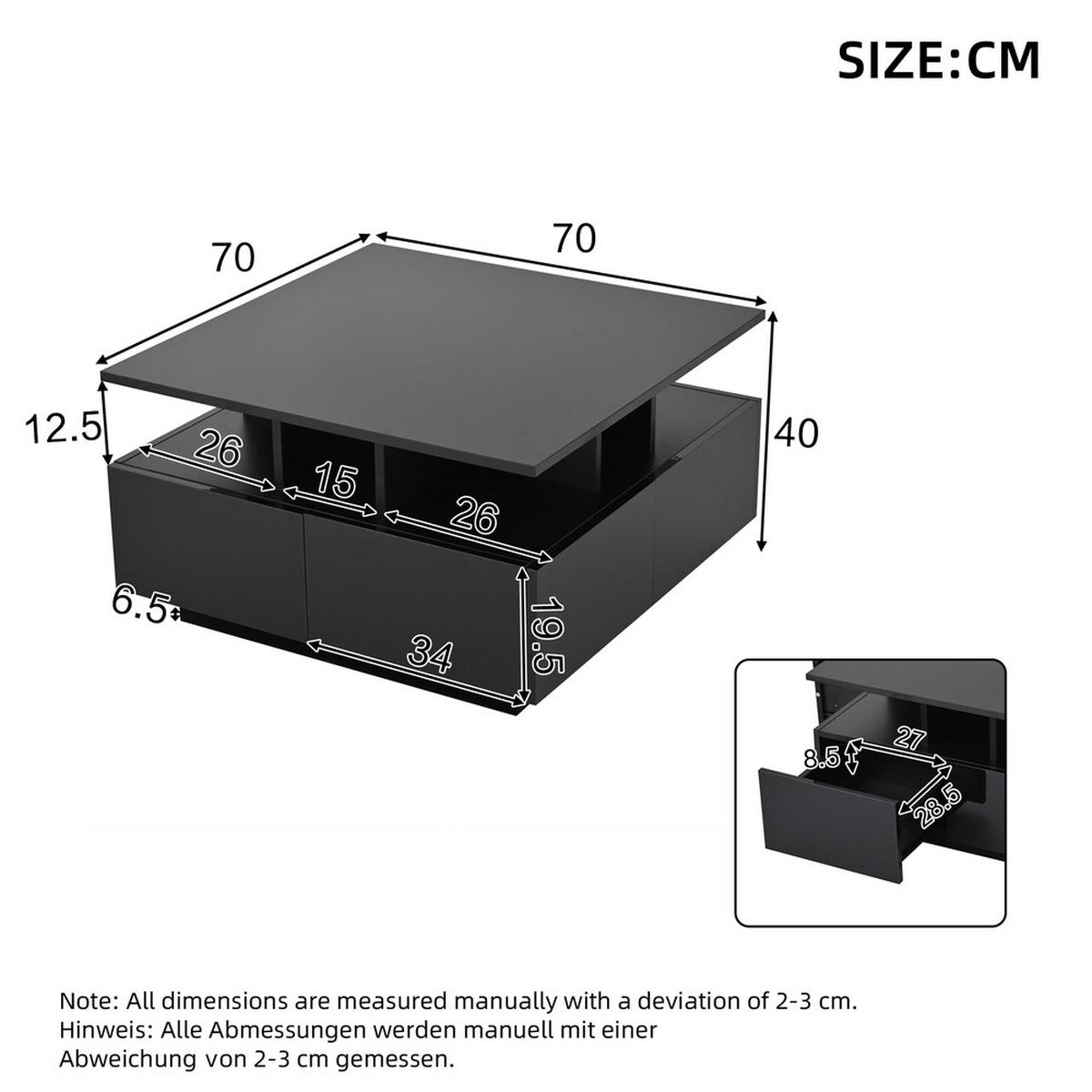 COUCHTISCH 70x70cm Schwarz Hochglanz LED 4 Schubladen Geometrisch 30kg Belastung - Schwarz, Holz (52.07/49.61/20.32cm) - FLIEKS