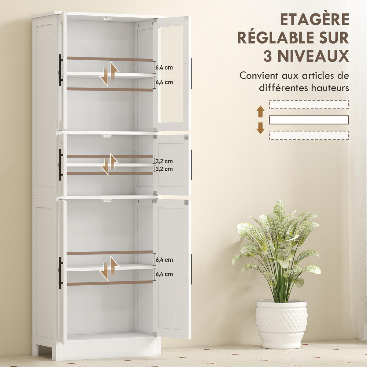 HOCHSCHRANK DE-12536 6 Türen, 2 Glasfronten, verstellbare Böden, Weiß - Weiß, Holzwerkstoff (30/170/60cm) - ComfortXL