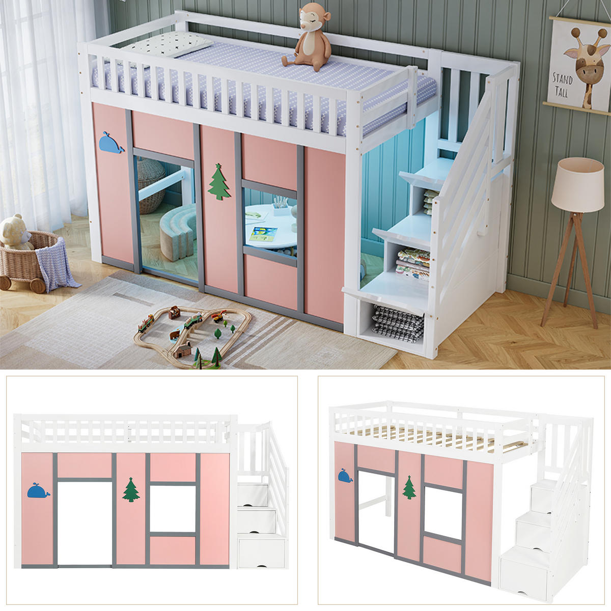KINDERBETT 90/200 mit Stauraumtreppe,LED und Rausfallschutz in Weiß und Pink - Weiß/Rosa, Holzwerkstoff (90/200cm) - EVRYAE