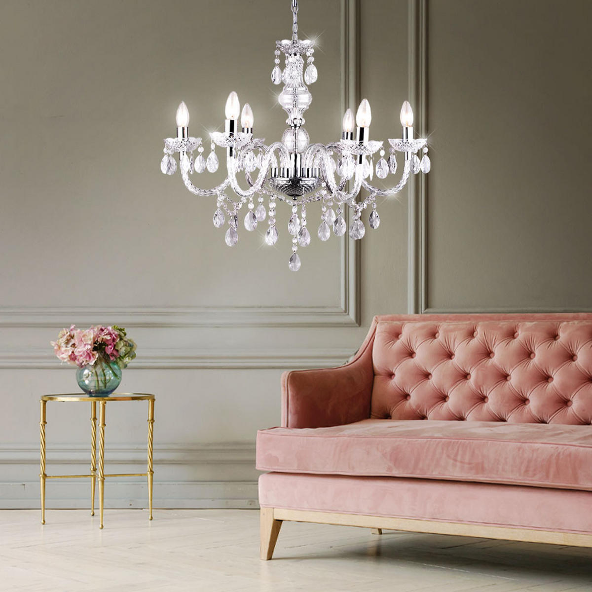 KRONLEUCHTER Kristalloptik Silber klar 6-flammig - Silberfarben, Metall (67/67/166cm) - Globo Lighting