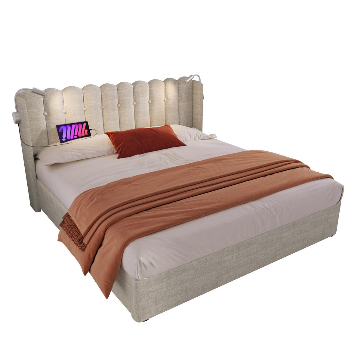POLSTERBETT 160/200 cm mit Leselicht und Ladefunktion in Natur - Naturfarben, Textil (160/200cm) - OKWISH