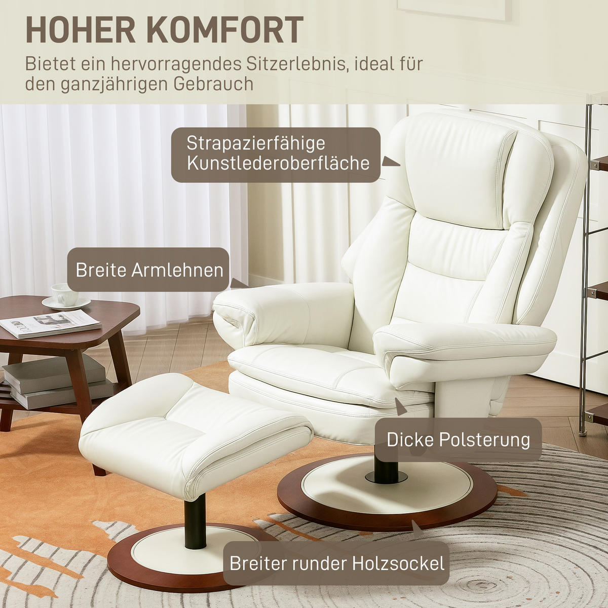 RELAXSESSEL mit Hocker, Liegesessel bis 150 kg, Cremeweiß - Beige, Leder (98/104/94cm) - HOMCOM
