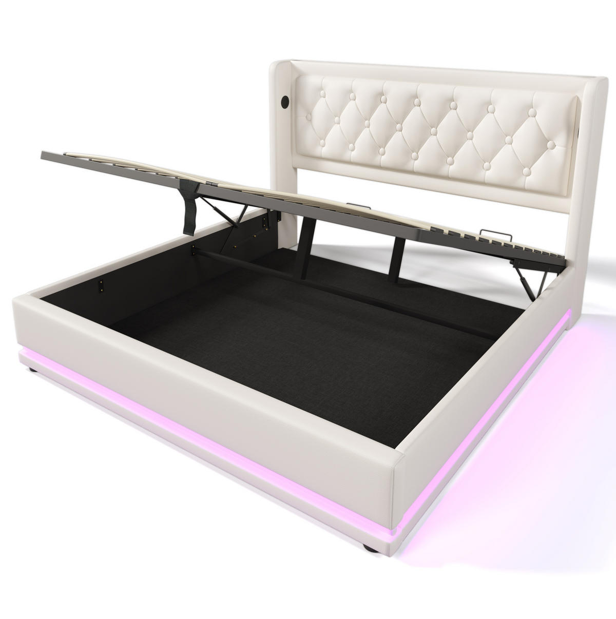 POLSTERBETT aus Kunstleder 180x200 cm in Weiß mit LED & USB-C-Ladestation - Weiß, Leder (180/200cm) - Modfu