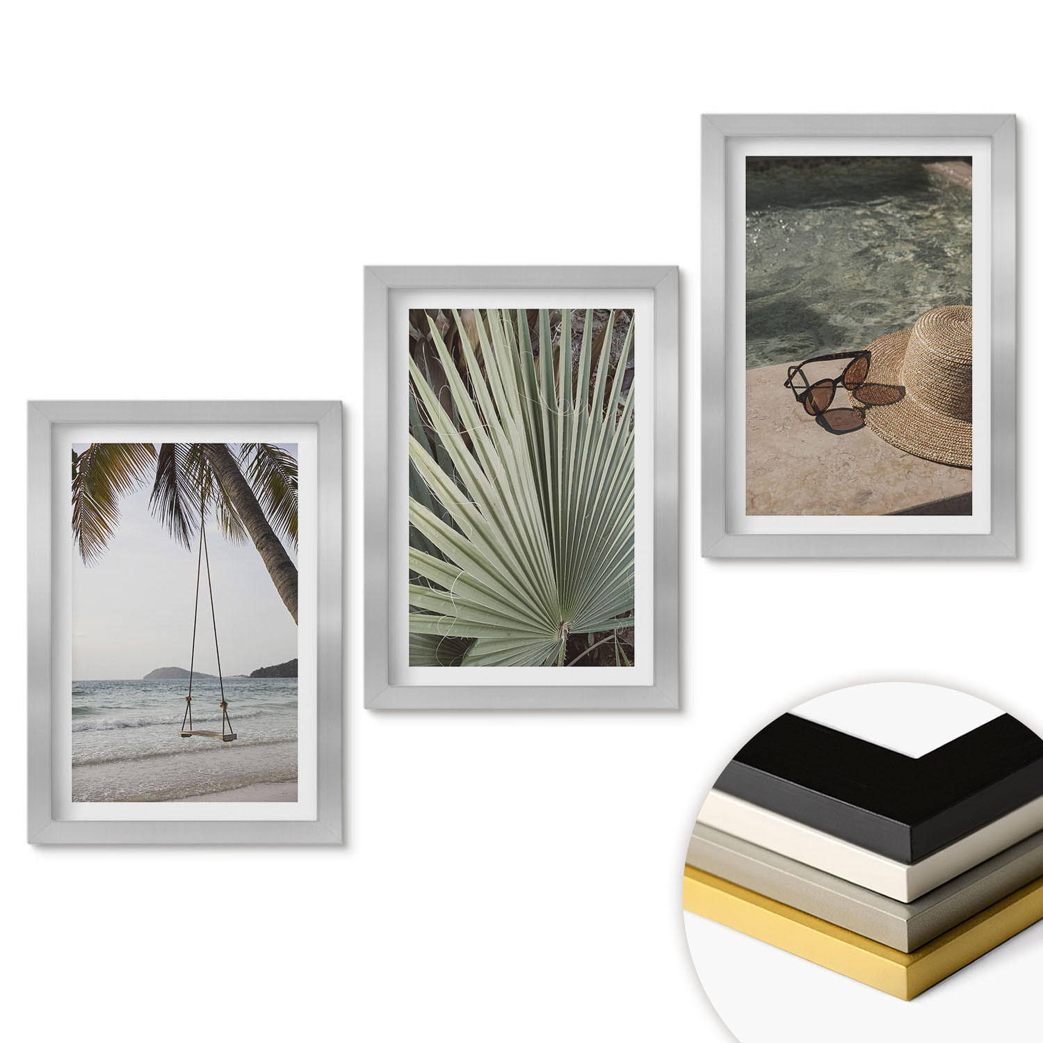 WANDBILDER 3er Set - 20x30 cm Silberner Rahmen - Strandschaukel-Blätterurlaub - Silberfarben, Kunststoff (20/30cm) - ArtPrintCave