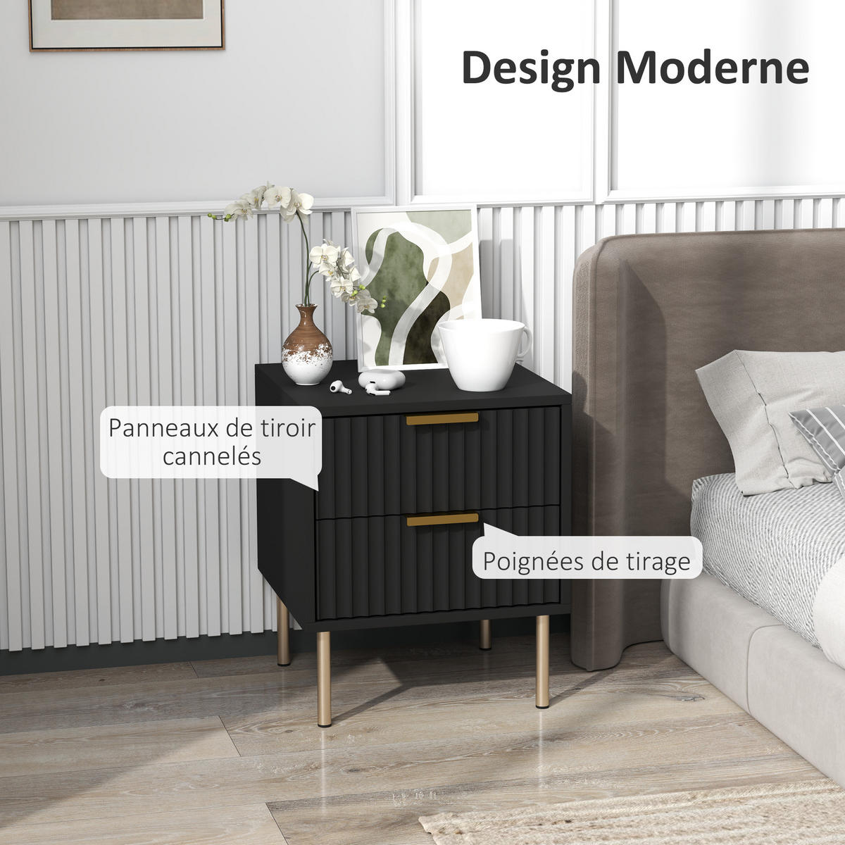 NACHTTISCH Schwarz MDF Stahl 2 Schubladen - Schwarz, Holzwerkstoff (40/48/39cm) - PANGIVO