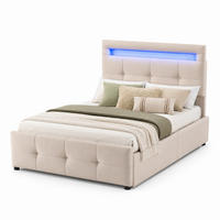 POLSTERBETT 90/200 mit LED-Beleuchtung, 2 Schubladen, Lattenrost und Leinenpolsterung in Beige - Beige, Holzwerkstoff/Textil (90/200cm) - EVRYAE