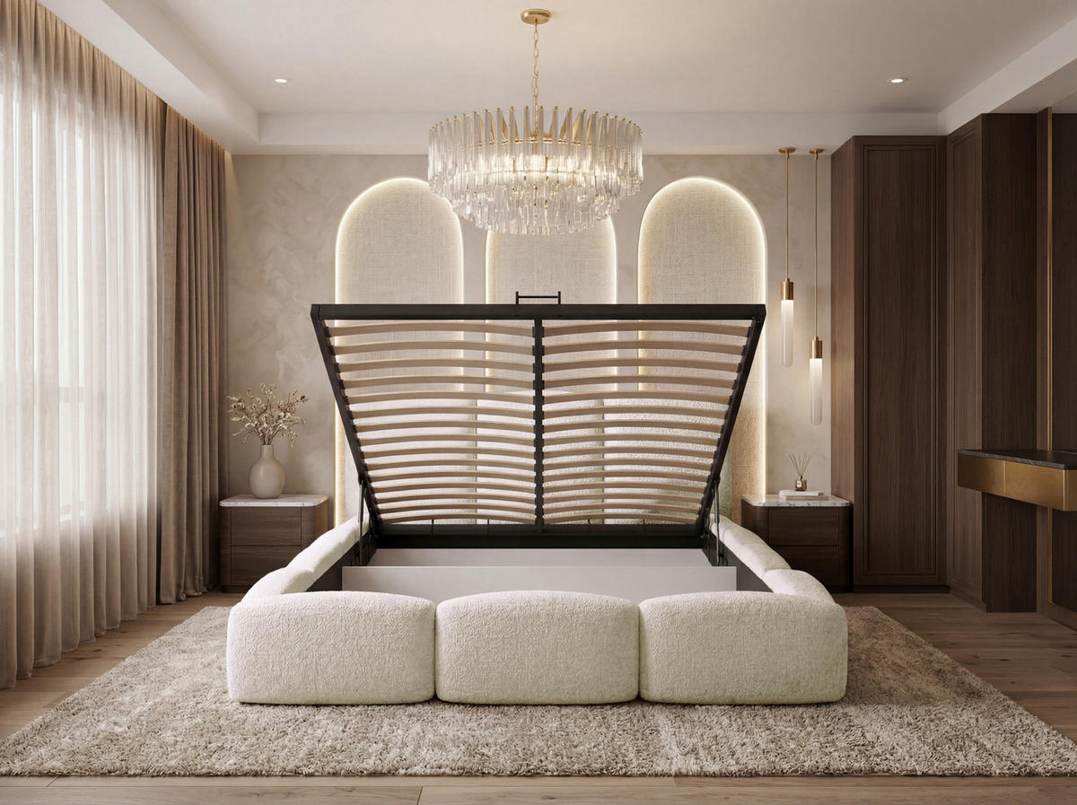 POLSTERBETT Harmony mit Bettkasten, Creme Boucle 120x200 cm - Birkefarben/Schwarz, Holzwerkstoff/Kunststoff (200/200cm) - WFL GROUP