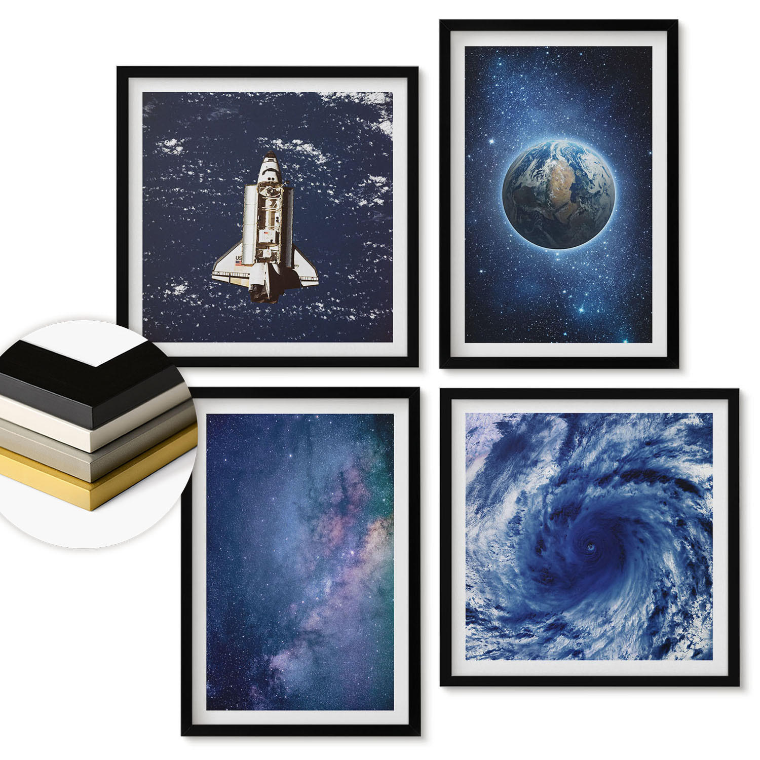 WANDBILDER 4er-Set - 50x50 cm & 40x60 cm Schwarzer Rahmen - Erde Weltraumsturm Galaxie - Schwarz, Kunststoff (50/50cm) - ArtPrintCave
