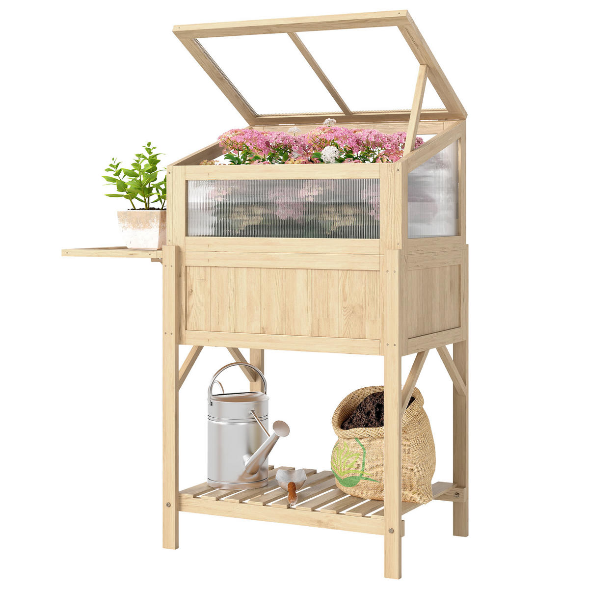 HOCHBEET DE-16052 mit Frühbeet & Klapptisch Naturholz - Naturfarben, Holzwerkstoff (104/120/50cm) - ComfortXL