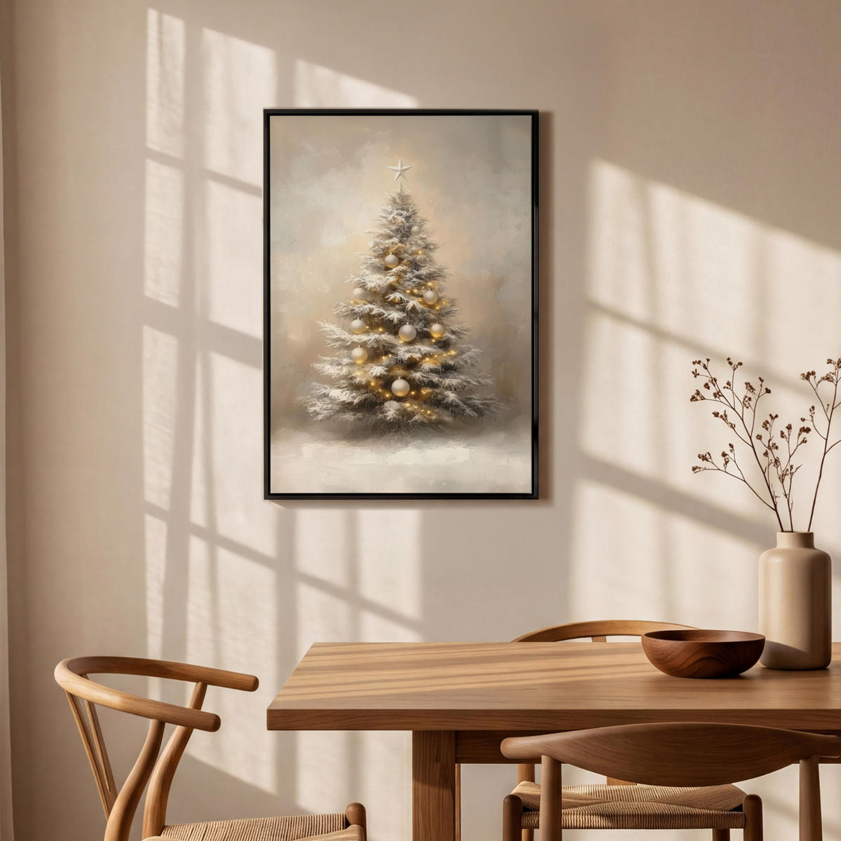 LEINWAND Bilder mit Rahmen - Weihnachten - Weihnachtsbaum - Schnee - Kunst - 60x90 - Champagner, Textil (60/90cm) - MuchoWow