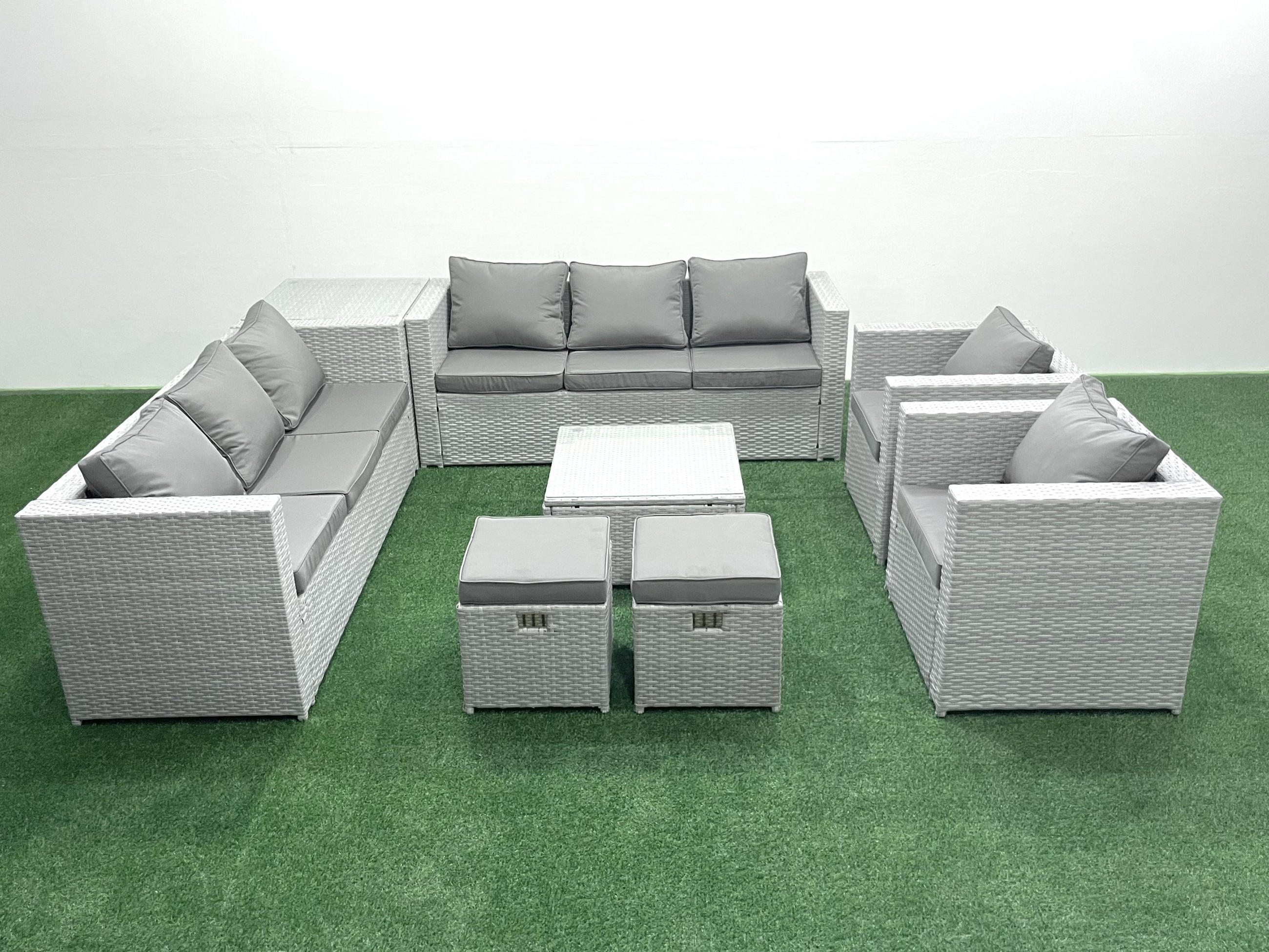 GARTENMÖBEL-SET mit Kissen Polyrattan Hellgrau-Mix 10-Sitzer - Hellgrau/Grau, Glas/Kunststoff - Fimous