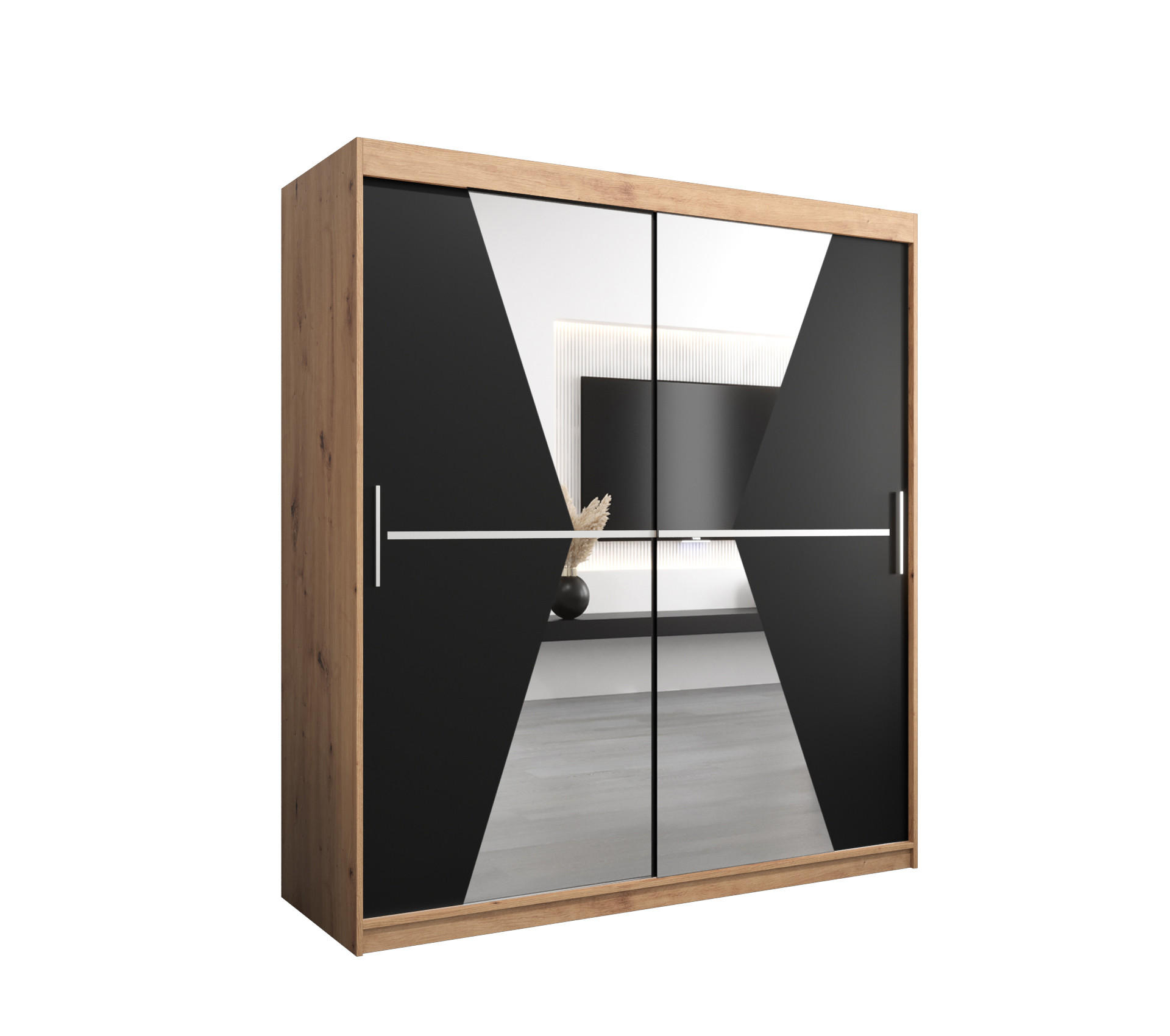 Abiks Möbel Schwebetürenschrank Eiche Artisan, Schwarz 180x200x62 cm